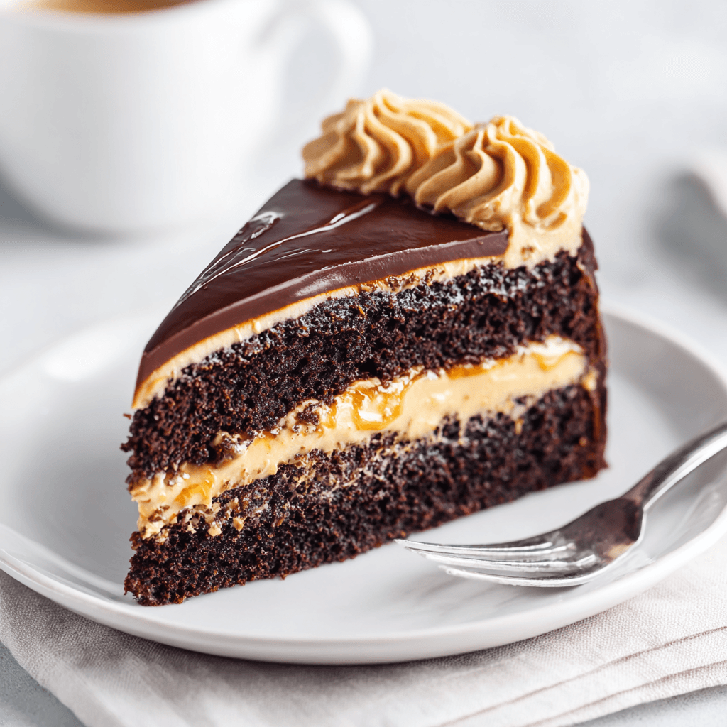 Decadent Chocolate Peanut Butter Cake: The Ultimate Recipe 2 A slice of chocolate peanut butter cake with creamy frosting and chocolate glaze served on a white plate with bright natural lighting.