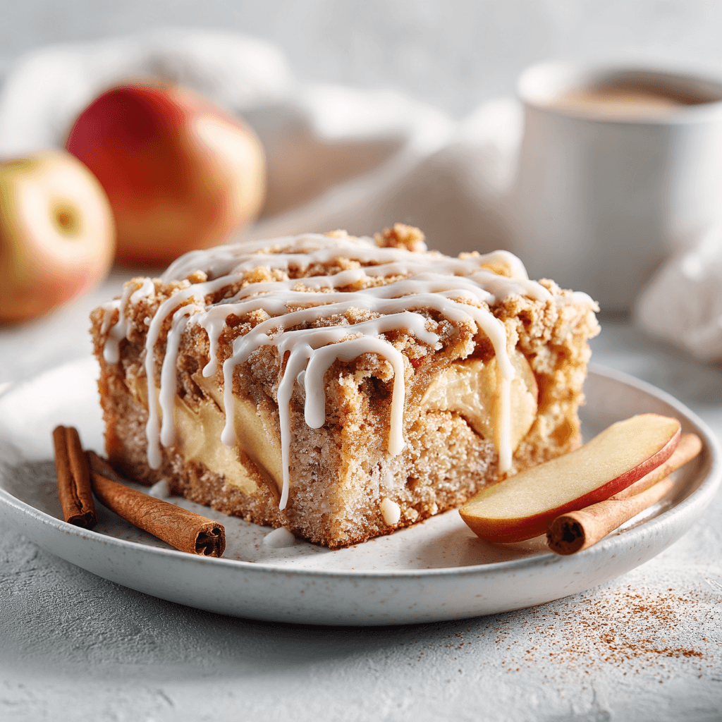 A beautifully plated square slice of apple pie coffee cake served on a clean white plate, centered with a light drizzle of icing and a few apple slices or cinnamon sticks as garnish.
