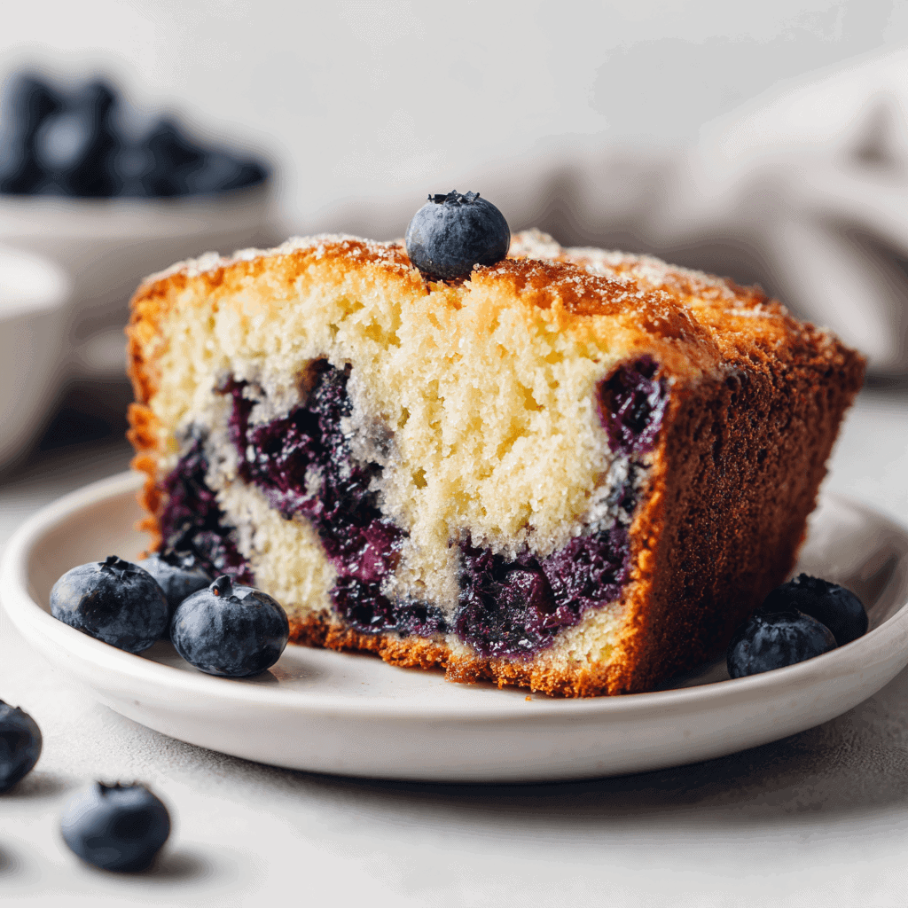 A beautifully presented slice of blueberry bread served on a white plate, centered and surrounded by a few fresh blueberries for a clean, professional look
