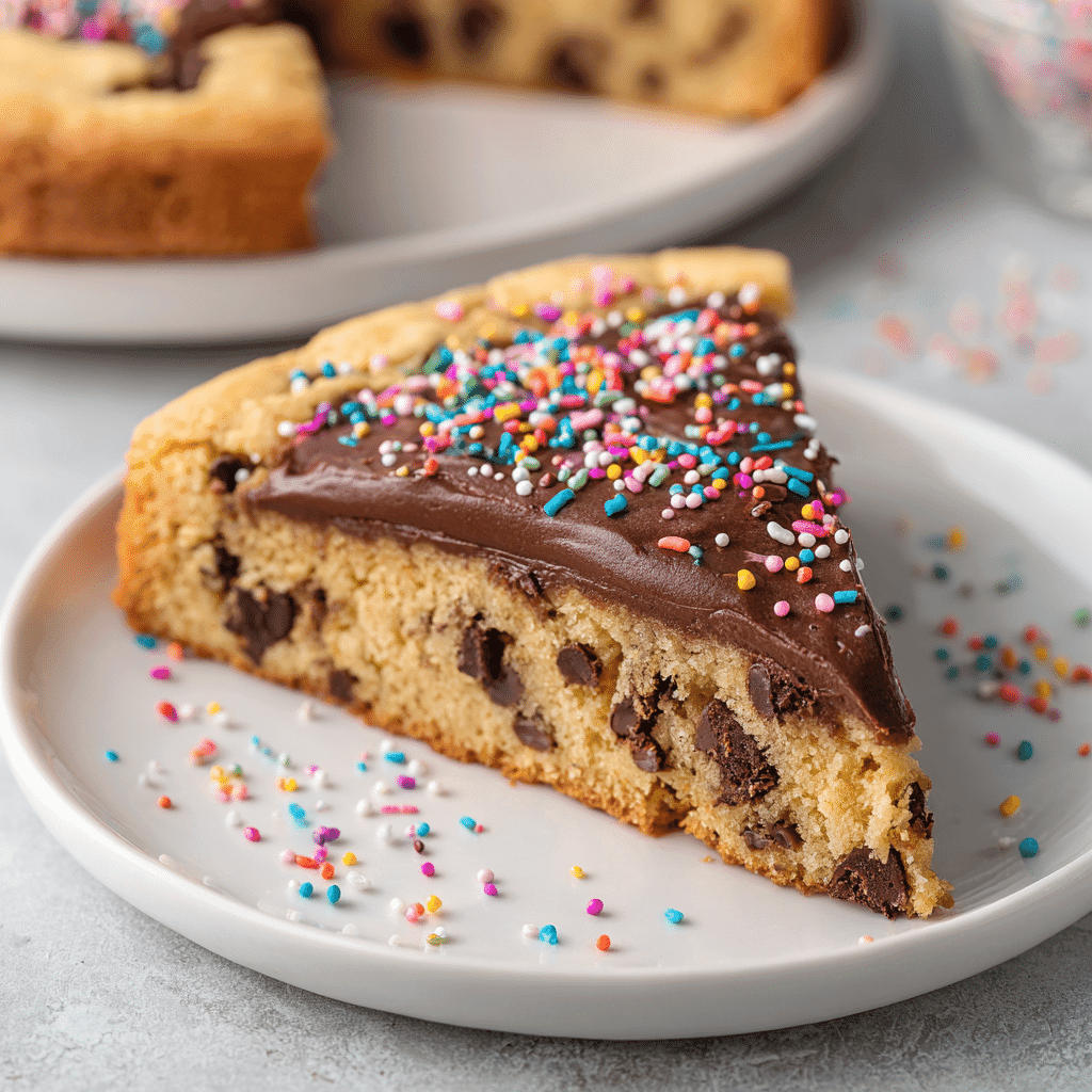 A clean presentation of chocolate chip cookie cake with frosting and rainbow sprinkles on a white plate in natural light.