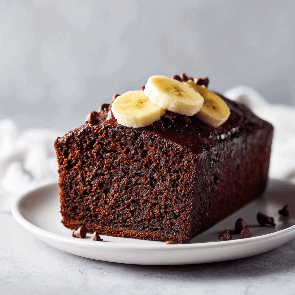A beautifully presented slice of double chocolate banana bread placed on a white plate, garnished with a few scattered chocolate chips and a banana slice for a clean, modern presentation.