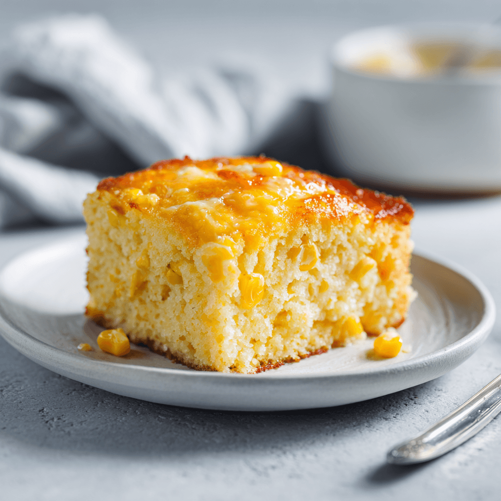 A beautifully served scoop of golden corn casserole on a clean white plate, centered with melted cheese glistening and visible corn kernels throughout