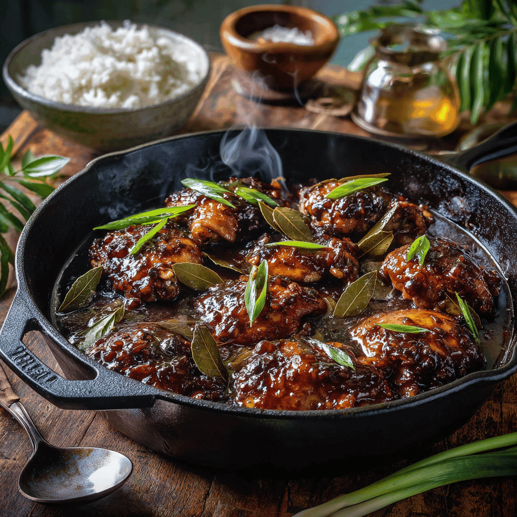 Rustic featured image of Filipino chicken adobo in a cast-iron skillet with bay leaves and scallions — warm, rich, and flavorful home-cooked meal.