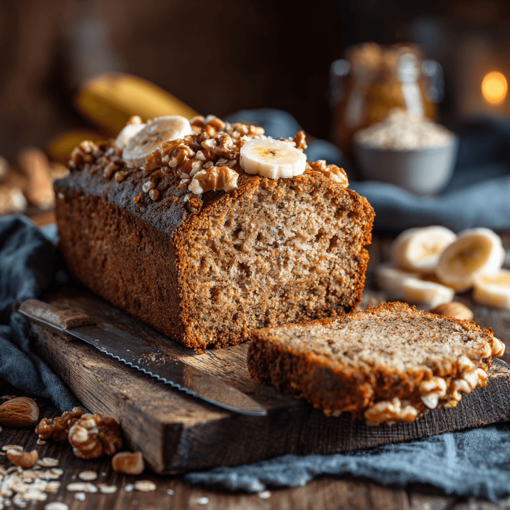 Rustic  image of healthy banana bread with nuts and oats on a wooden table — warm, wholesome homemade baking scene.