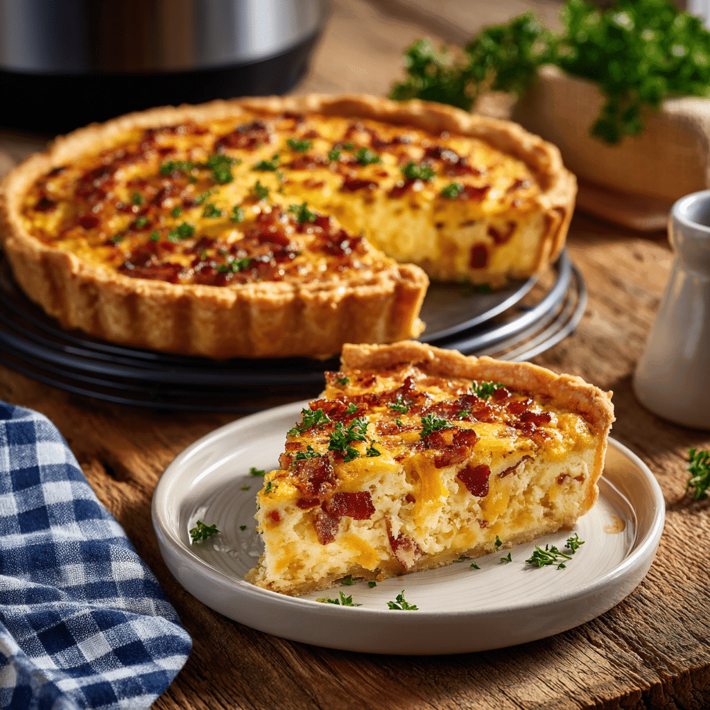 Air Fryer Crack Quiche: The Ultimate Easy Breakfast! 3 A whole air fryer crack quiche with one slice served on a plate, showing its creamy bacon and cheese filling on a rustic table.