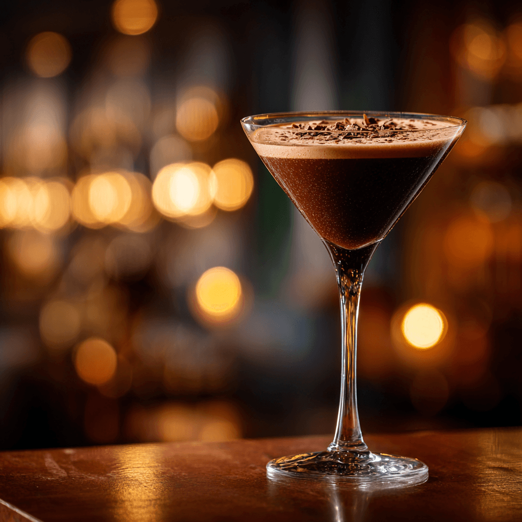 Luxury chocolate martini on a wooden bar with warm bokeh lights — elegant and indulgent dessert cocktail featured image.