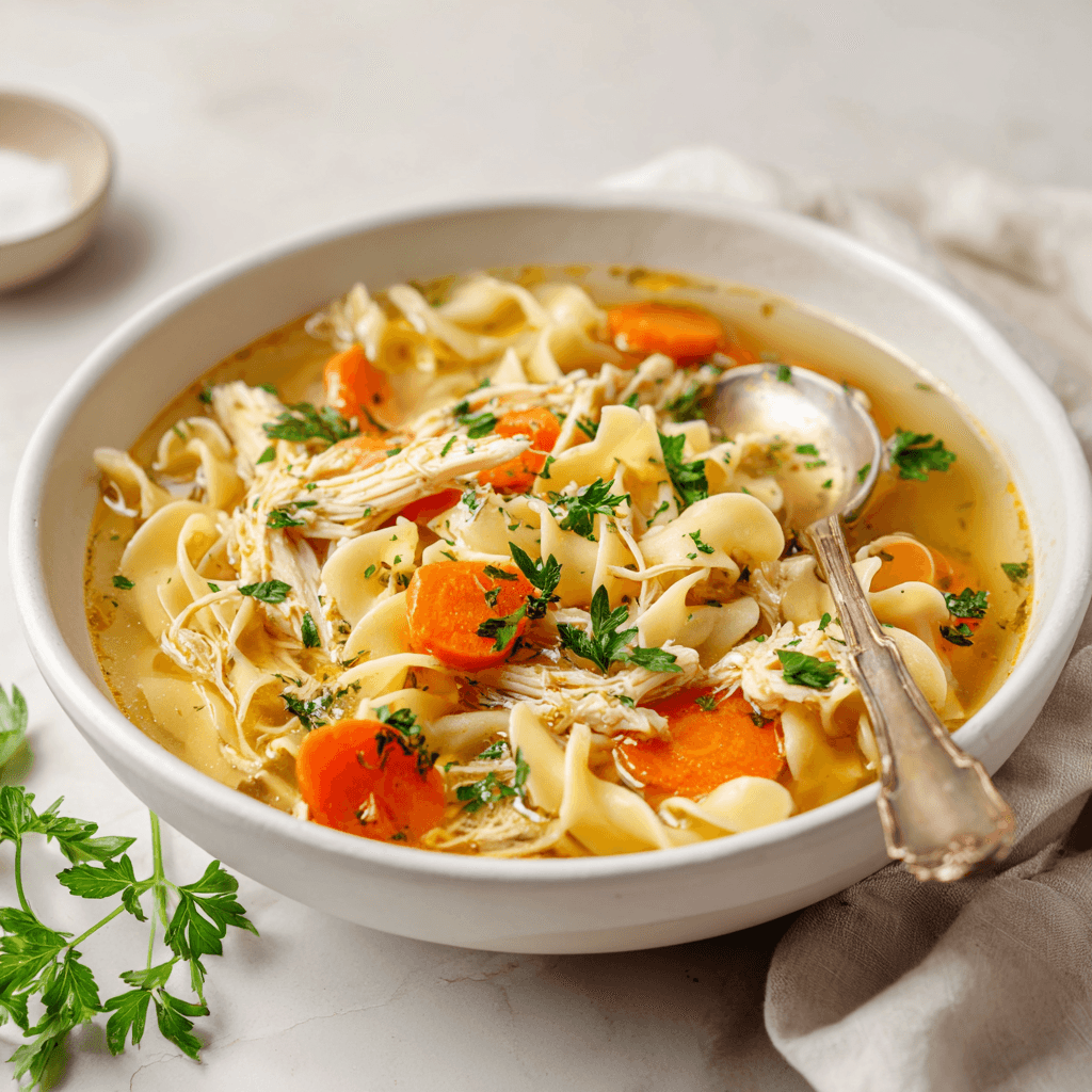 A white bowl of chicken noodle soup with noodles, carrots, and chicken in clear broth garnished with parsley.