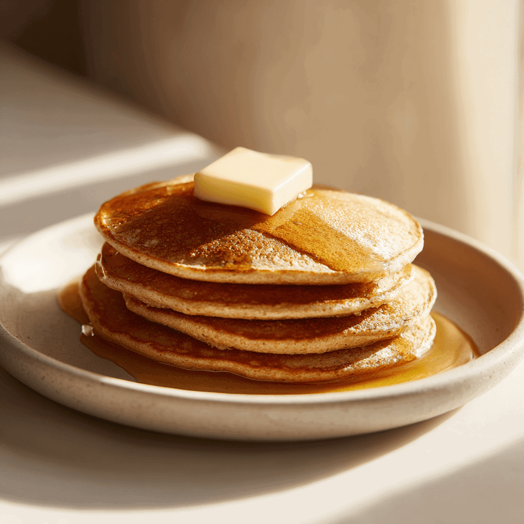 elegant presentation of buckwheat pancakes served neatly on a simple white porcelain plate, topped with a small square of butter and a drizzle of golden maple syrup