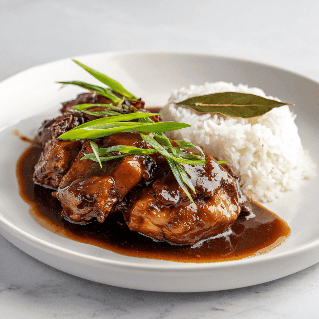 Authentic Filipino chicken adobo served with rice on a white plate, topped with green onions and bay leaf — rich, flavorful soy-vinegar chicken dish.