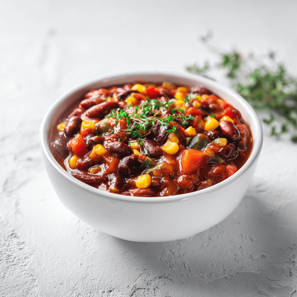 A clean, modern presentation of slow cooker vegetarian chili served in a white ceramic bowl centered on a bright surface.