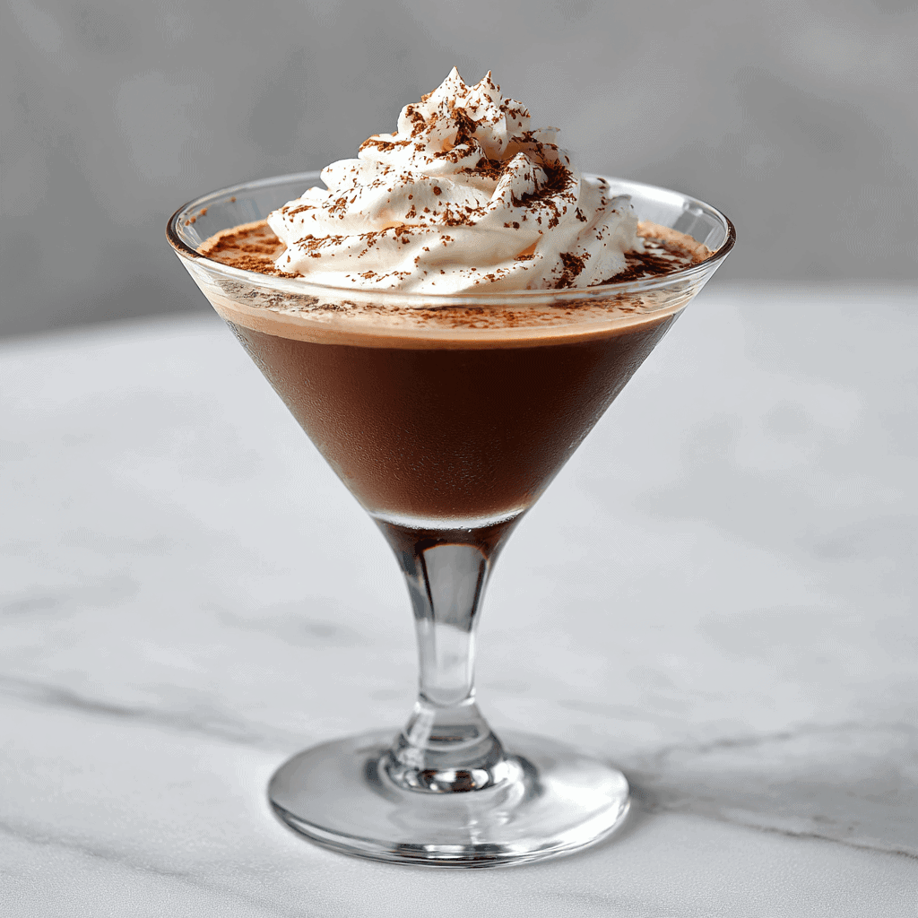 Elegant chocolate martini on a white marble surface with cocoa dust garnish — rich, smooth cocktail with luxurious presentation.