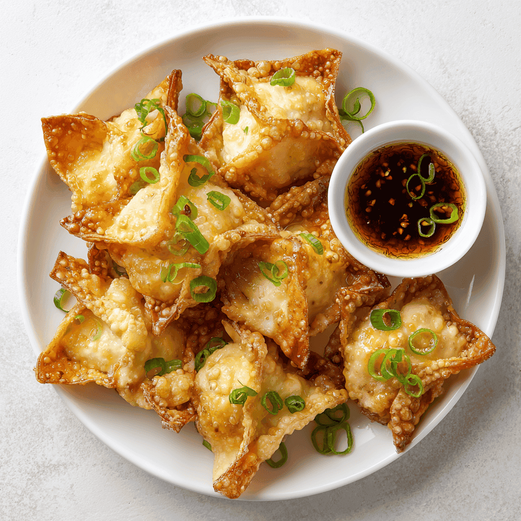Golden air fryer cream cheese wontons served on a white plate with green onions and dipping sauce.