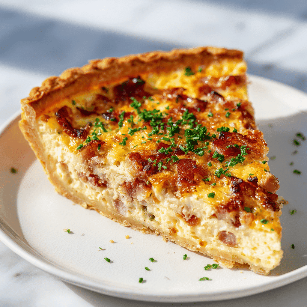 Air Fryer Crack Quiche: The Ultimate Easy Breakfast! 2 A perfectly baked slice of air fryer crack quiche with golden crust and creamy egg filling on a white plate.