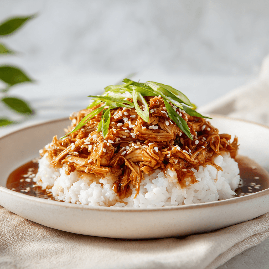 Tender shredded teriyaki chicken with sesame seeds and green onions served on a white plate in natural light.