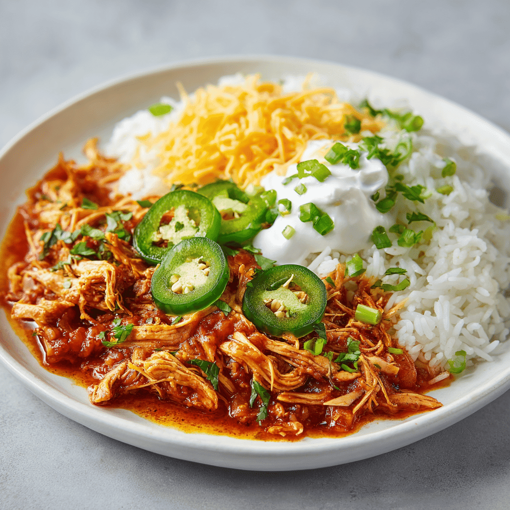 Easy & Versatile Salsa Chicken Crockpot Recipe 2 Shredded salsa chicken with rice, sour cream, cheese, and jalapeños served on a white plate with soft natural lighting.