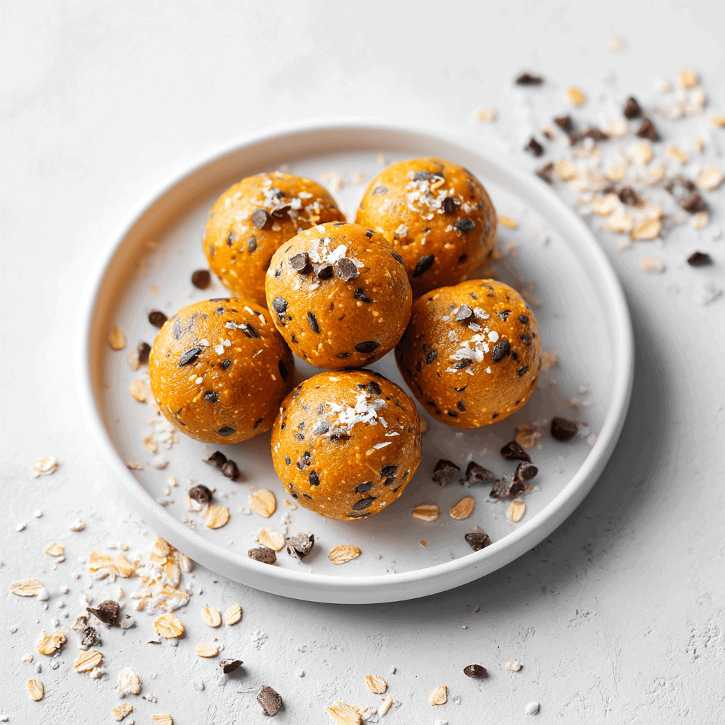 A clean white plate with several pumpkin protein balls perfectly arranged in the center, surrounded by a light sprinkle of oats and chocolate chips for a modern presentation.