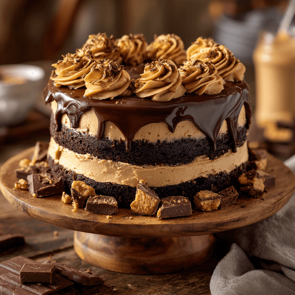 Decadent Chocolate Peanut Butter Cake: The Ultimate Recipe 1 A rich chocolate peanut butter cake with dark layers, peanut butter frosting, and chocolate ganache on a rustic wooden cake stand.