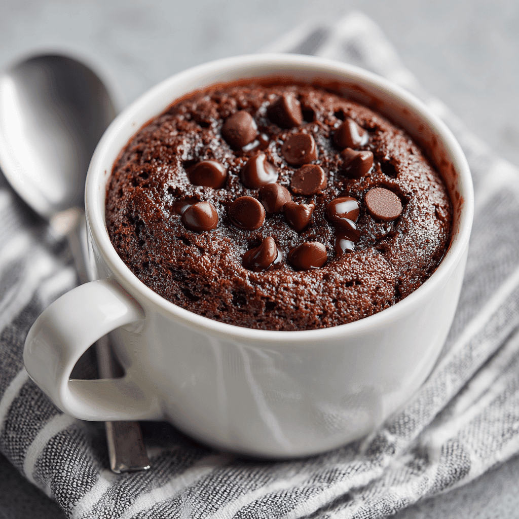A warm chocolate mug cake with melted chocolate chips in a white mug on a gray surface beside a spoon.