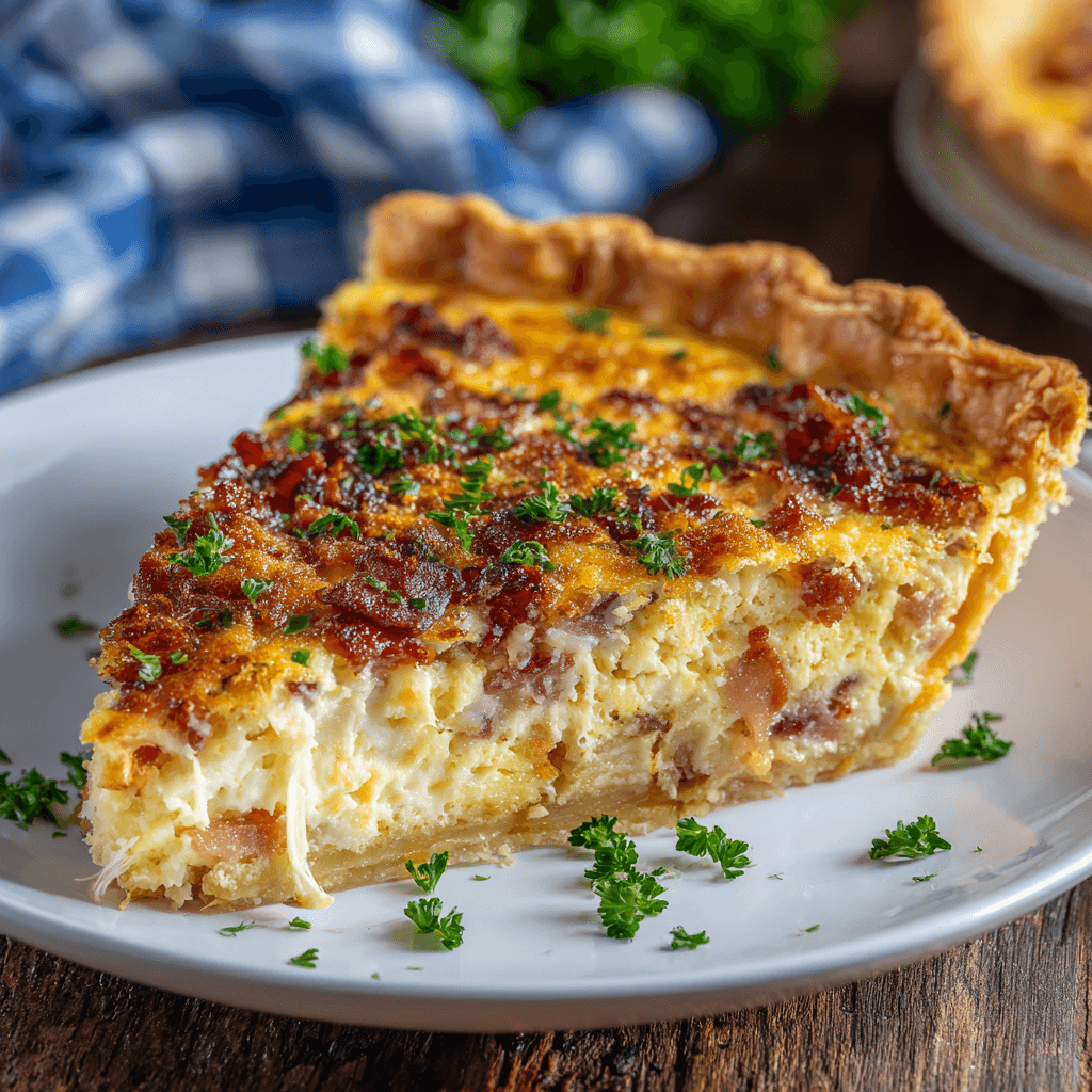 Air Fryer Crack Quiche: The Ultimate Easy Breakfast! 1 A slice of golden air fryer crack quiche with bacon, cheese, and parsley on a white plate.