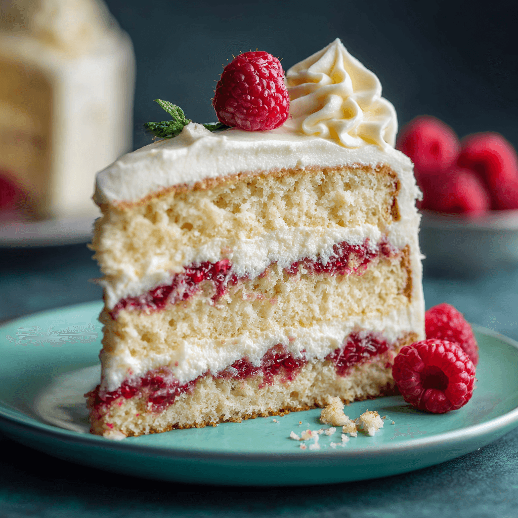 A close-up slice of white chocolate raspberry cake with layers of white sponge, raspberry filling, and creamy frosting, topped with raspberries on a turquoise plate.