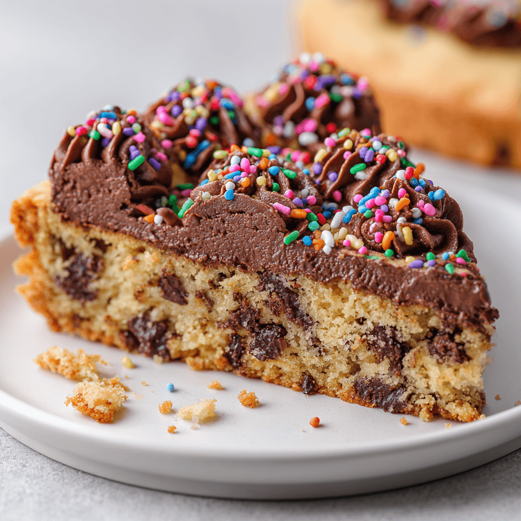 A slice of chocolate chip cookie cake topped with chocolate frosting swirls and colorful sprinkles on a white plate.