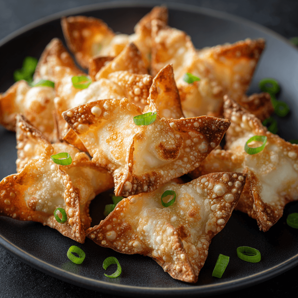 Crispy golden air fryer cream cheese wontons topped with sliced green onions on a dark plate.