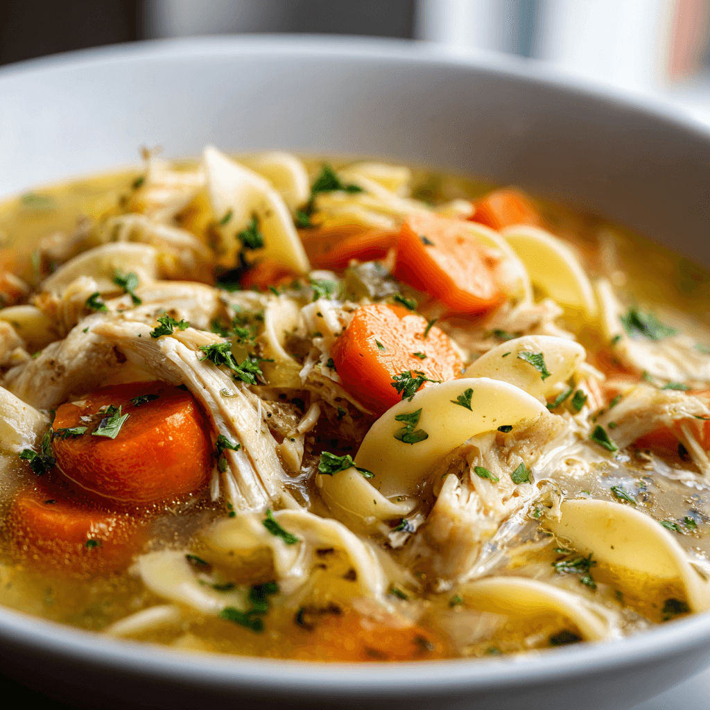 A steaming bowl of chicken noodle soup with shredded chicken, egg noodles, carrots, and herbs in golden broth.