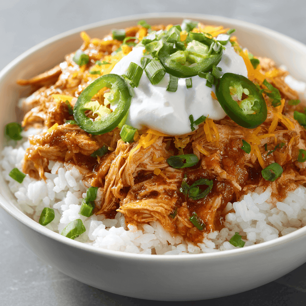 Easy & Versatile Salsa Chicken Crockpot Recipe 1 A bowl of salsa chicken with white rice, jalapeños, sour cream, cheese, and green onions in bright natural light.