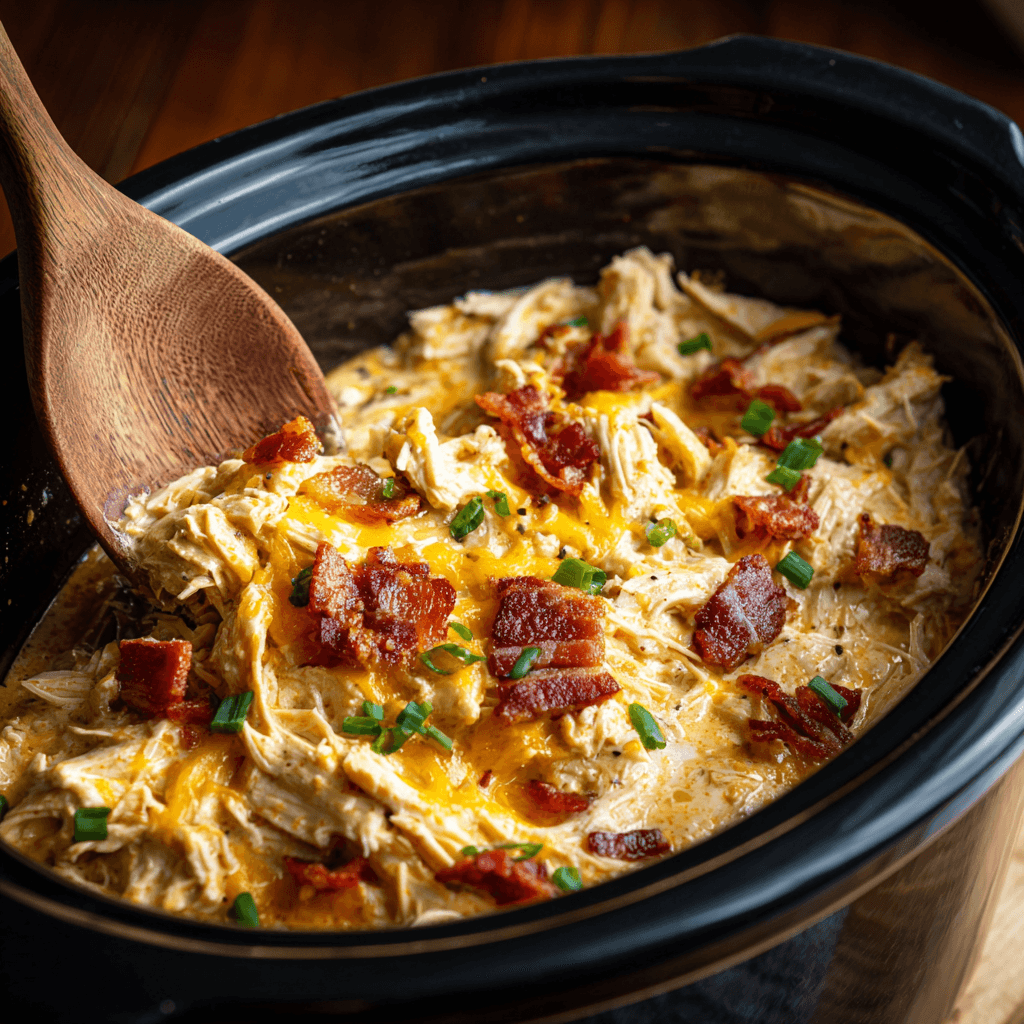 Slow Cooker Crack Chicken: The Ultimate Creamy, Cheesy Delight 1 Creamy slow cooker crack chicken topped with melted cheese, bacon, and green onions in a black crockpot with a wooden spoon.