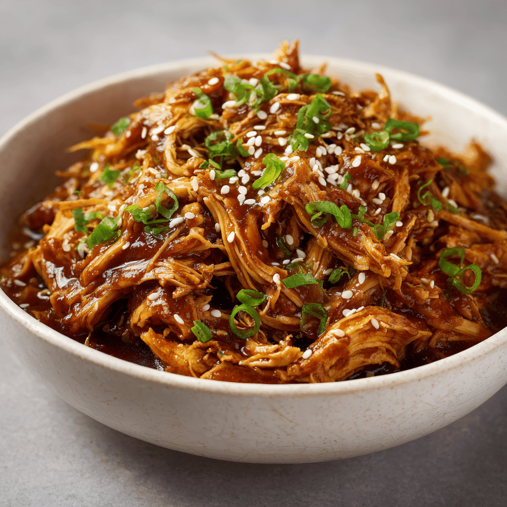 Shredded teriyaki chicken coated in glossy sauce with sesame seeds and green onions in a white bowl.