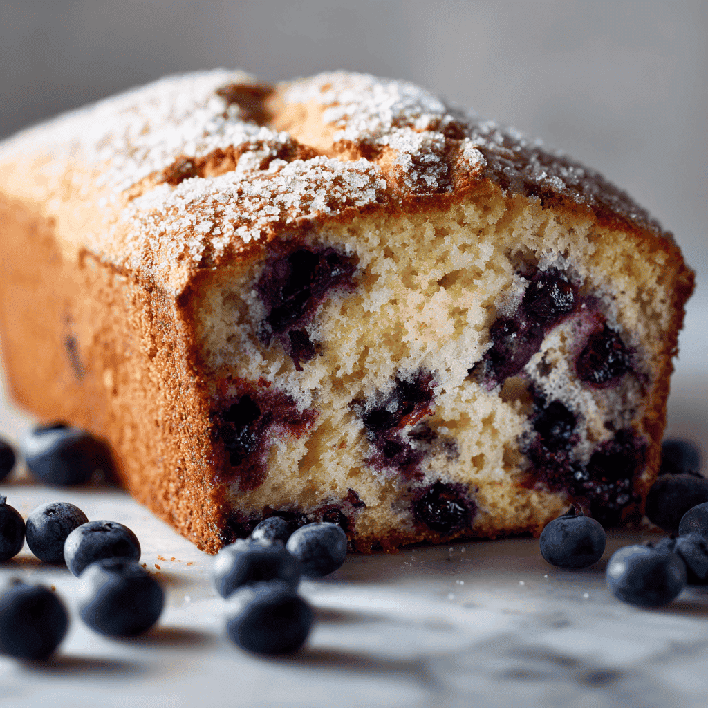 A close-up of a freshly baked blueberry bread loaf with one slice cut to reveal the soft, fluffy interior bursting with juicy blueberries.