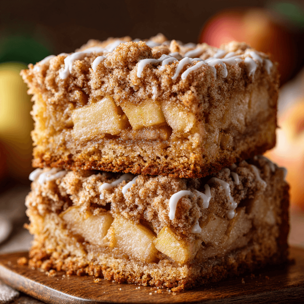 A close-up of two stacked slices of apple pie coffee cake, showing soft layers of spiced apple filling, buttery crumb topping, and light drizzle of icing on top.