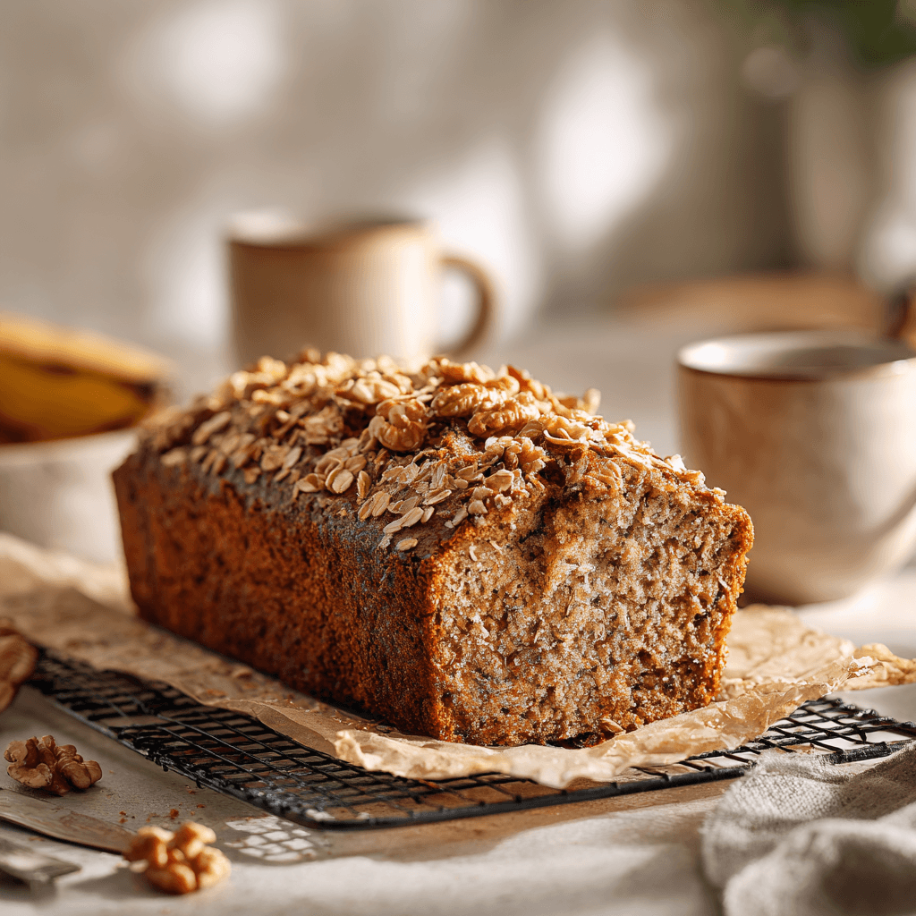 Close-up of homemade healthy banana bread loaf topped with oats and nuts — moist, golden, and full of wholesome ingredients.