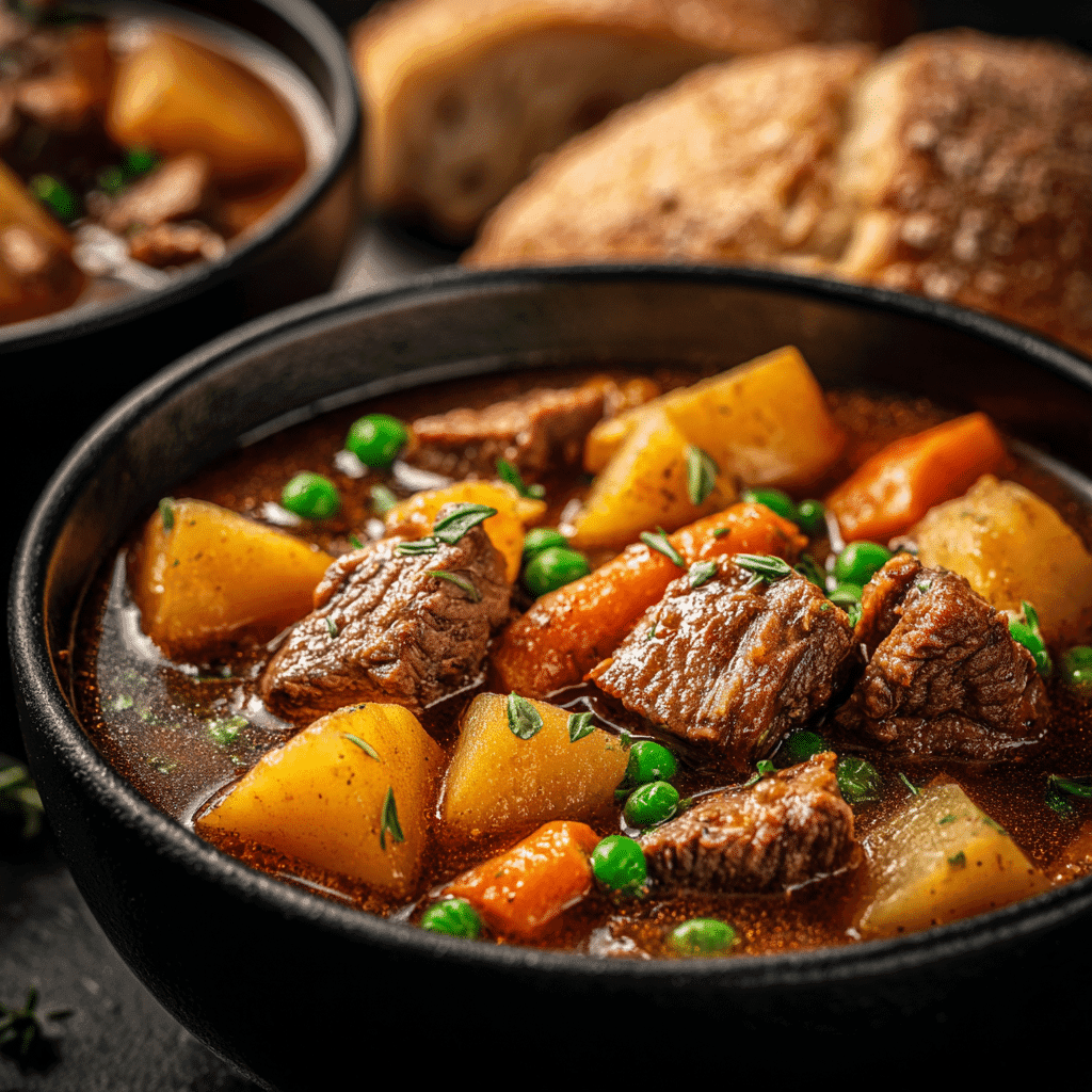 Close-up of hearty beef stew with potatoes, carrots, peas, and tender beef in a rich brown gravy — slow-cooked comfort food crockpot recipe.