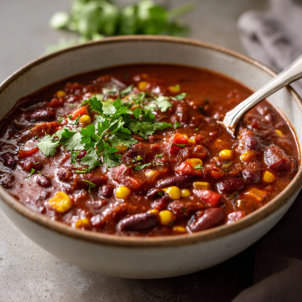 A hearty bowl of slow cooker vegetarian chili filled with beans, corn, diced tomatoes, onions, and bell peppers simmered in a rich, thick tomato base.