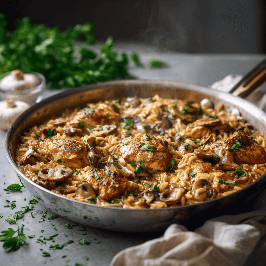 image of one-pot Marsala chicken orzo in a stainless steel skillet, golden-brown chicken chunks, sautéed mushrooms, and creamy orzo glistening in a rich Marsala sauce.