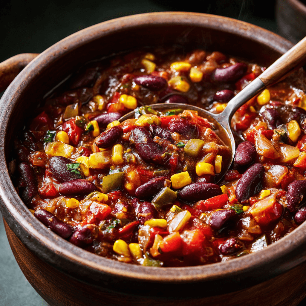 image of slow cooker vegetarian chili served in a large rustic bowl or cast-iron pot, steaming and filled with colorful ingredients