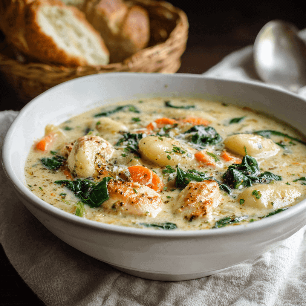 shot of Olive Garden chicken gnocchi soup in a white ceramic bowl, steaming and creamy with soft golden lighting.
