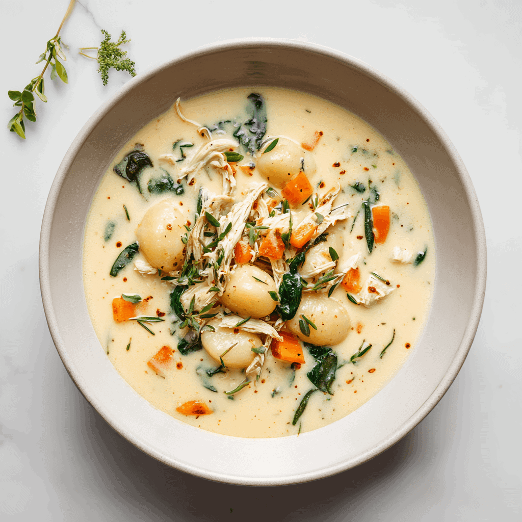 A minimalist presentation of creamy chicken gnocchi soup served in a modern white bowl centered on a white surface.