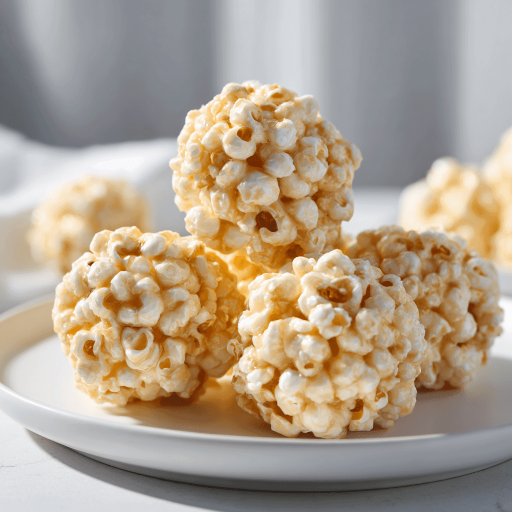 3-Ingredient Soft Chewy Marshmallow Popcorn Balls Recipe 2 Homemade popcorn balls on a white plate, light and crisp with sweet syrup coating — simple and classic no-bake dessert.
