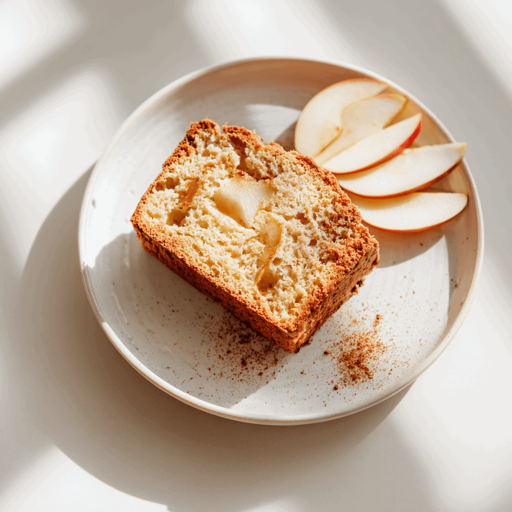 A neatly plated slice of cinnamon apple bread on a white plate, centered with a few thin apple slices and a sprinkle of cinnamon as garnish