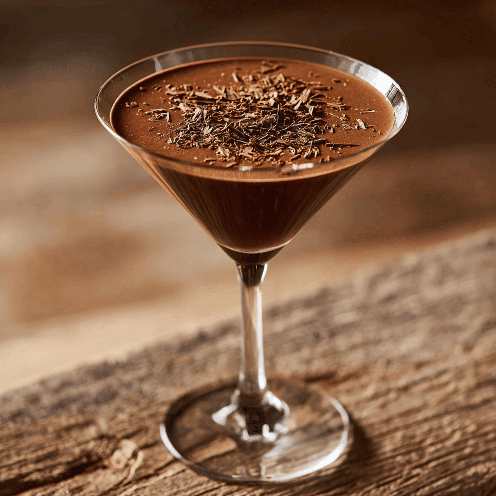 Creamy chocolate martini in a classic glass topped with chocolate shavings — smooth, indulgent dessert cocktail perfect for any occasion.