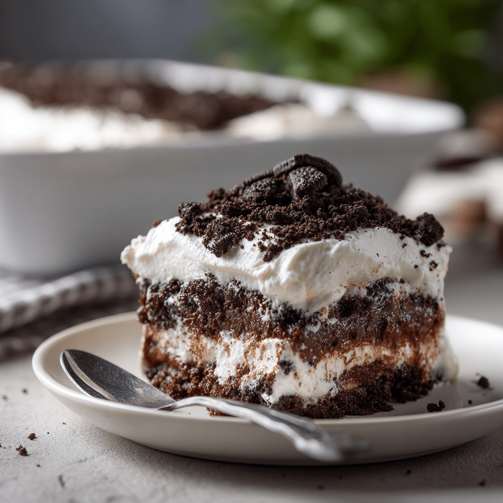 Close-up of creamy Oreo dirt pudding topped with crushed chocolate cookies and whipped cream, served on a white plate — rich and indulgent no-bake dessert.