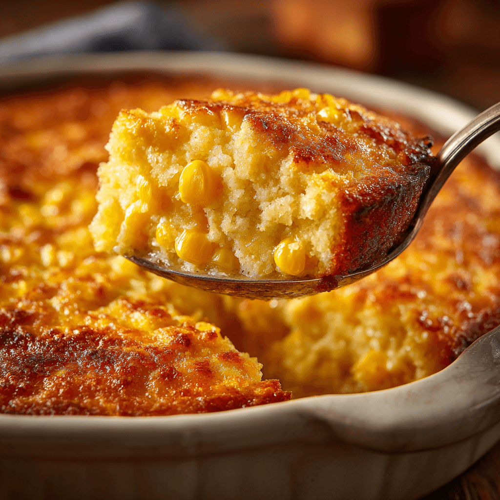 A rich, golden corn casserole freshly baked, with a spoon lifting a creamy, cheesy portion to reveal its moist, tender texture filled with whole corn kernels.
