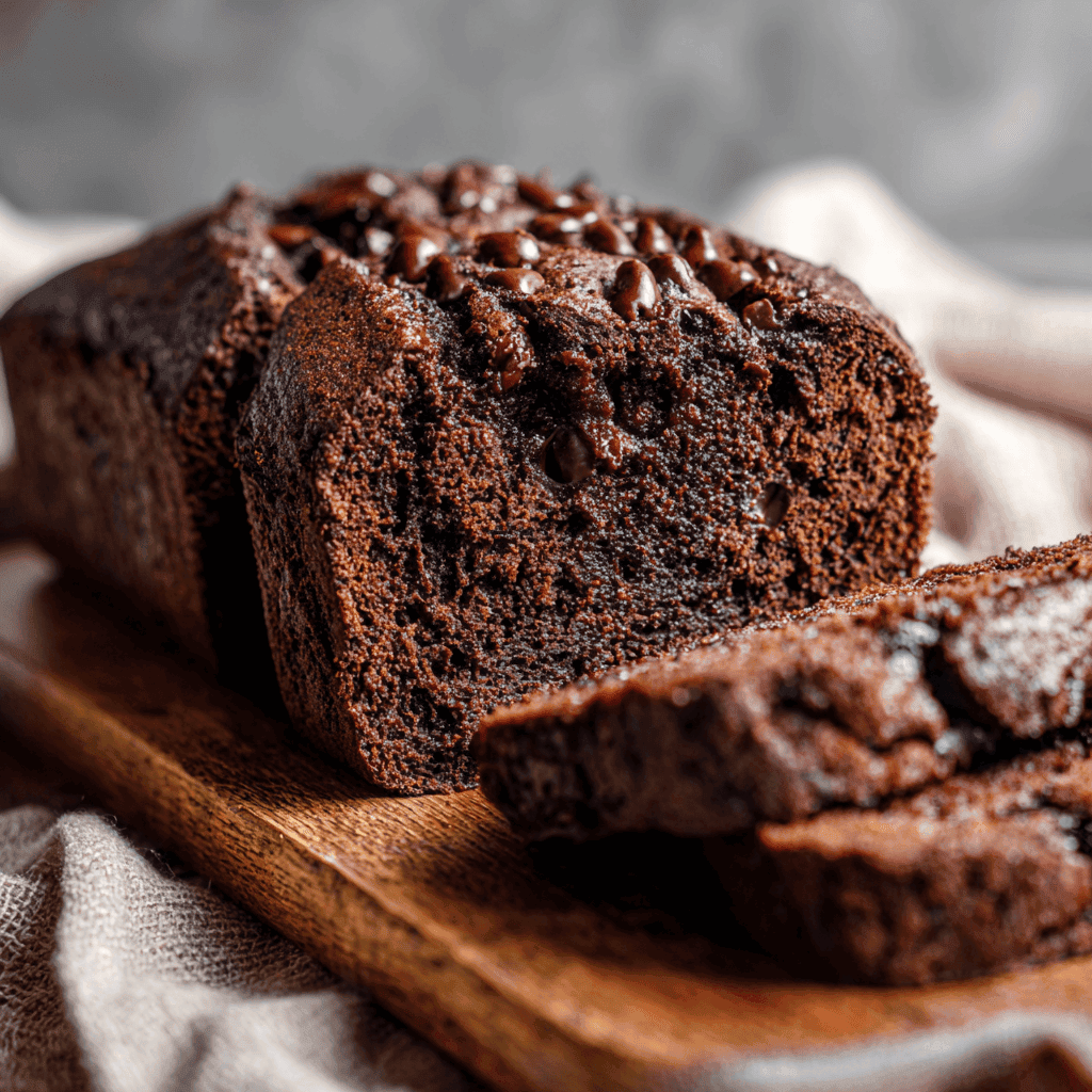 A rich, moist loaf of double chocolate banana bread sliced on a wooden board, revealing its soft interior filled with melted chocolate chips and a deep cocoa tone.