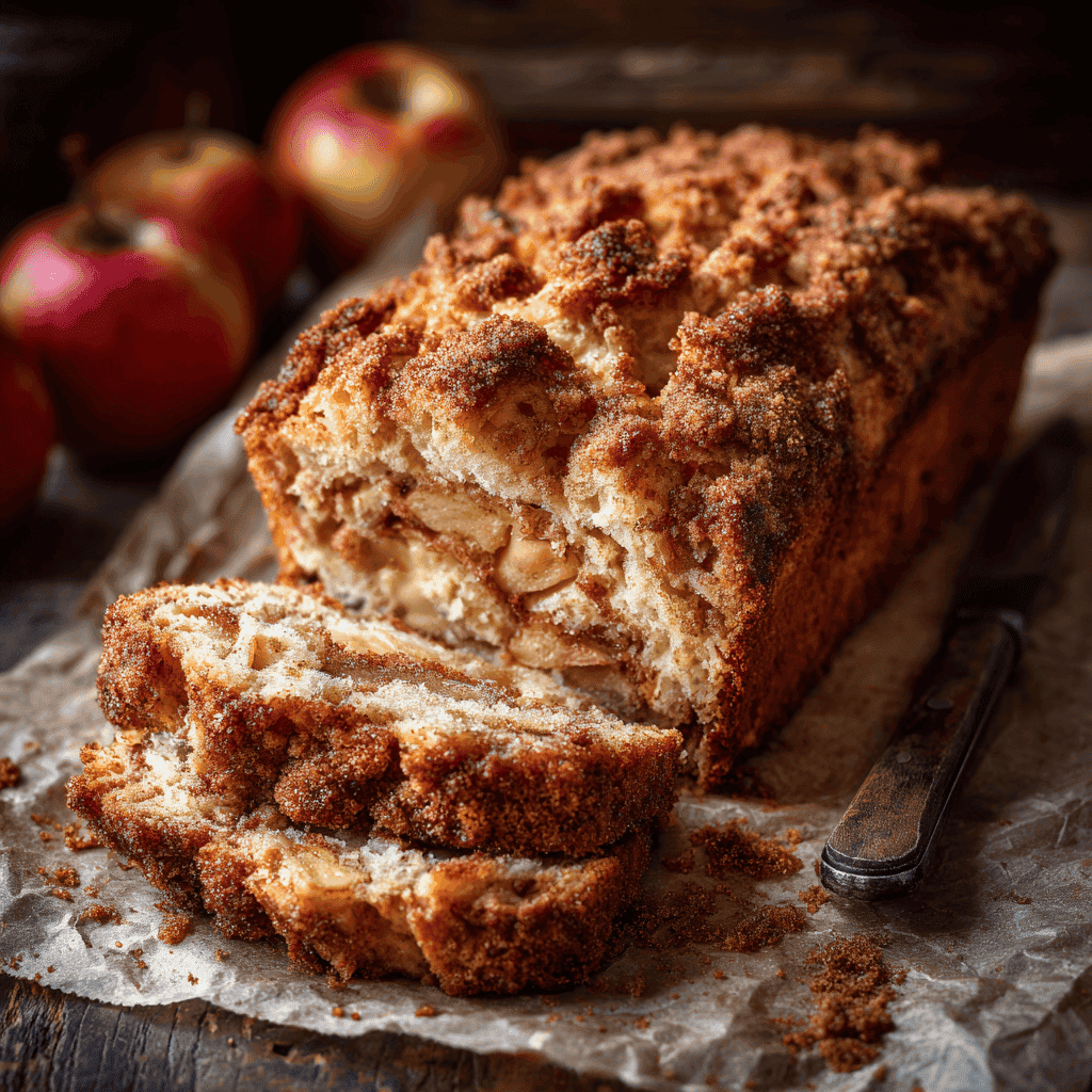 A rustic loaf of cinnamon apple bread sliced to reveal its moist, tender crumb filled with chunks of apple and swirls of cinnamon sugar