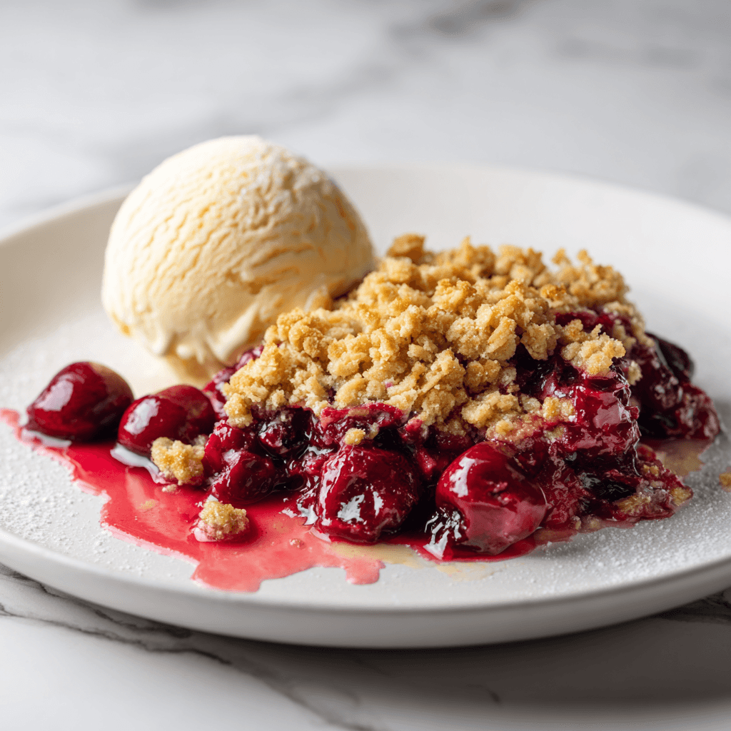 White plate with a serving of cherry crumble and a scoop of melting vanilla ice cream on marble surface.