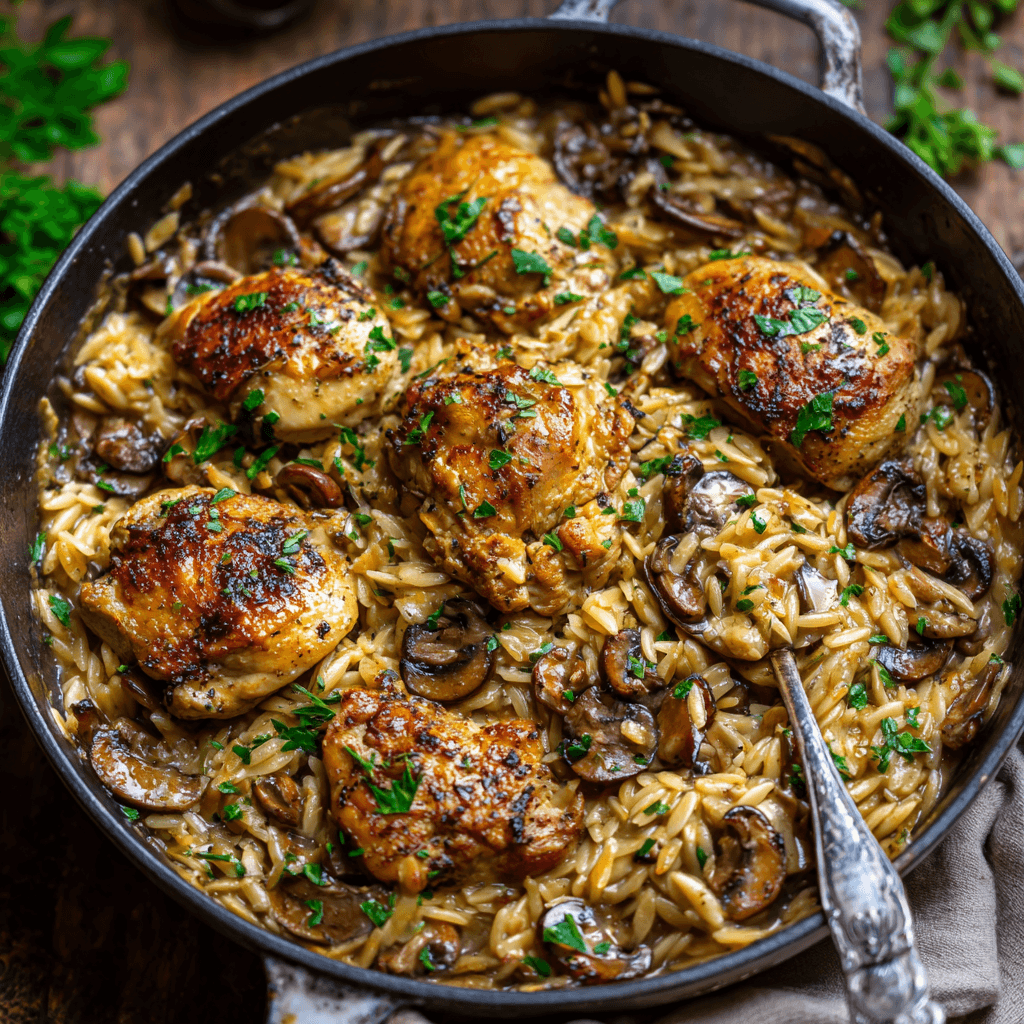 A skillet filled with creamy one-pot Marsala chicken orzo, featuring tender golden-brown chicken pieces, sautéed mushrooms, and perfectly cooked orzo in a rich, glossy Marsala sauce.