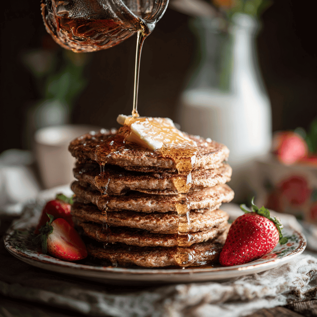 A tall stack of fluffy buckwheat pancakes topped with a pat of melting butter and golden maple syrup being poured over, captured in warm natural daylight