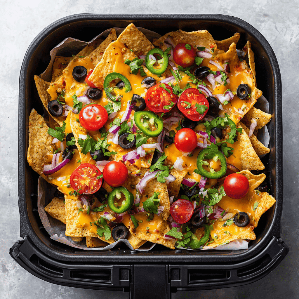 A vibrant hero shot of freshly cooked air fryer nachos inside a black air fryer basket lined with parchment paper